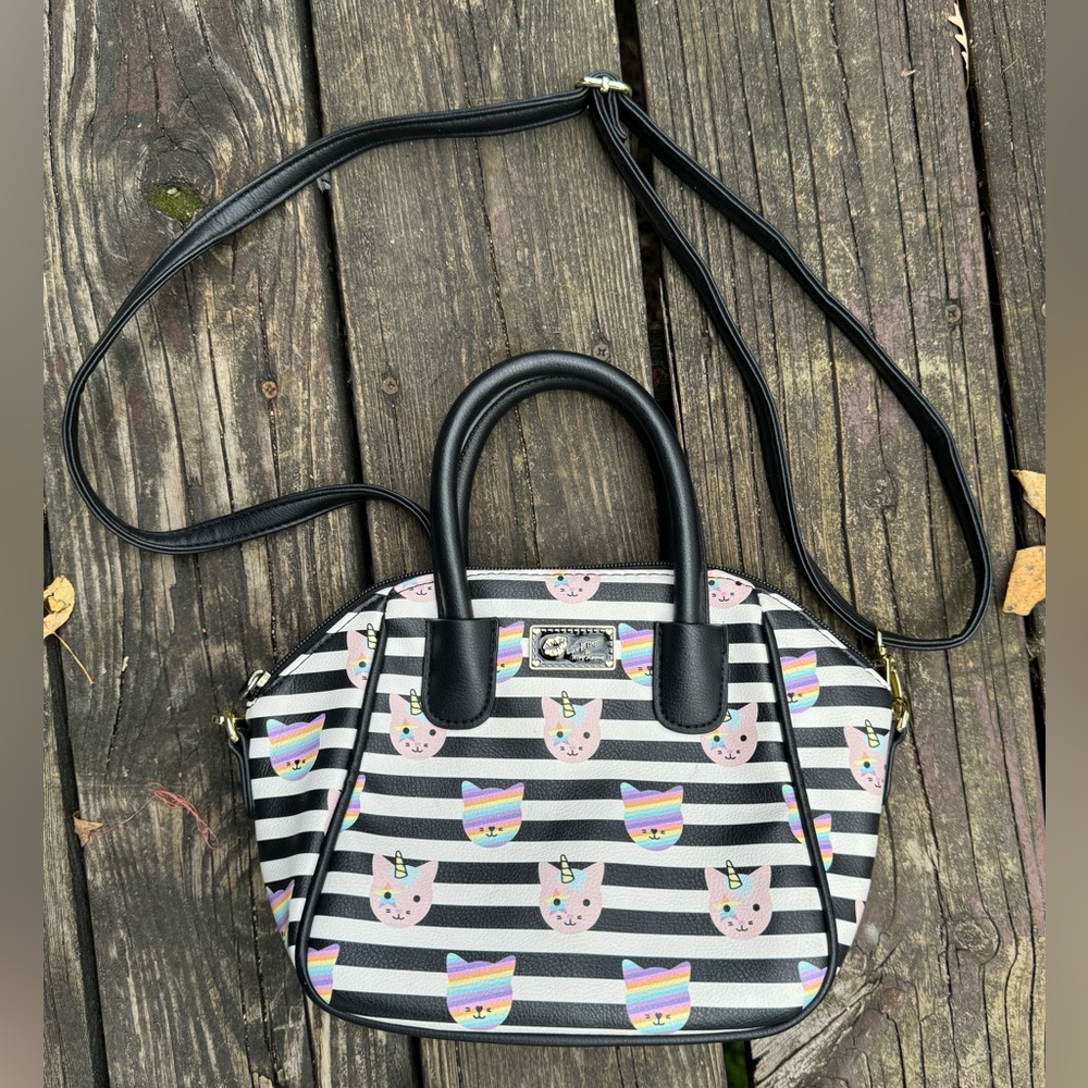 Betsey Johnson Black and White Striped Satchel with Rainbow Unicorn Cat Design